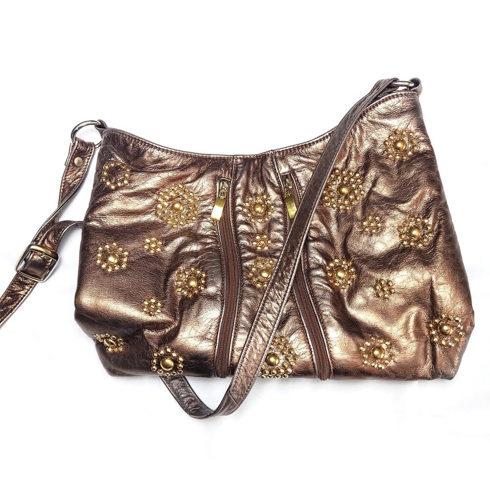 Valerie Jean Metallic Leather Shoulder Bag Bronze OS Y2K Boho Glam Studded